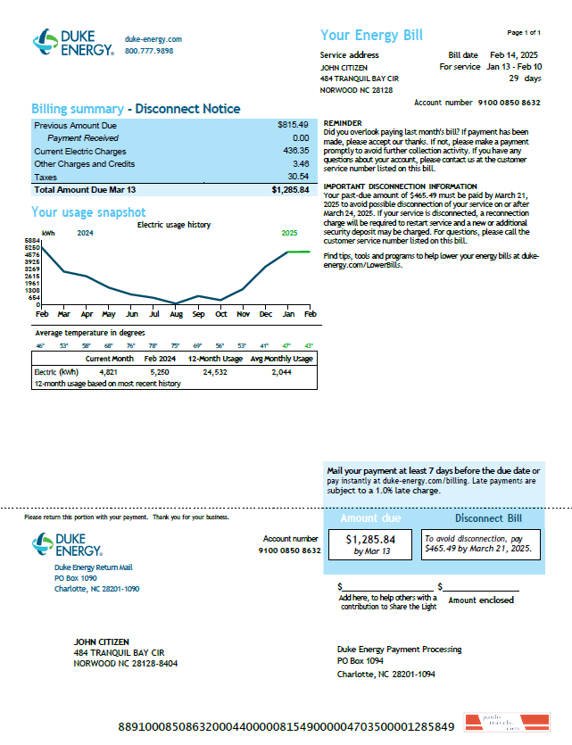 USA Duke Energy utility bill template in Word and PDF formats, version 2